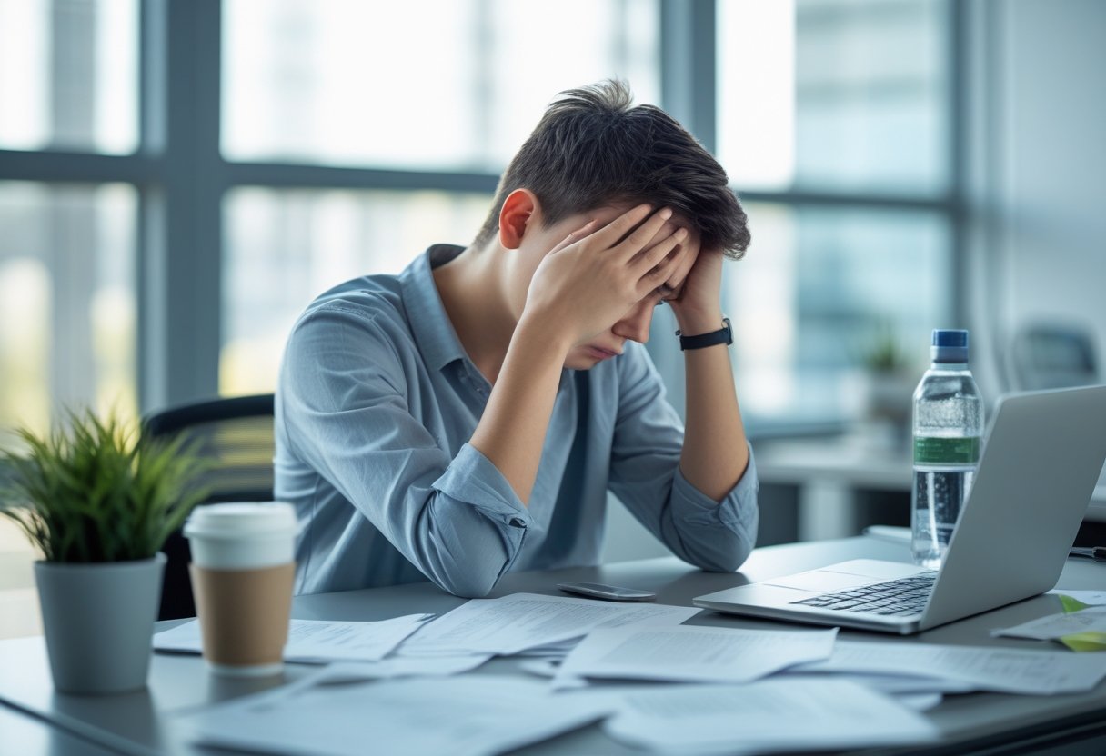 A young adult sitting at a desk looking tired and overwhelmed, surrounded by work materials in an office setting.