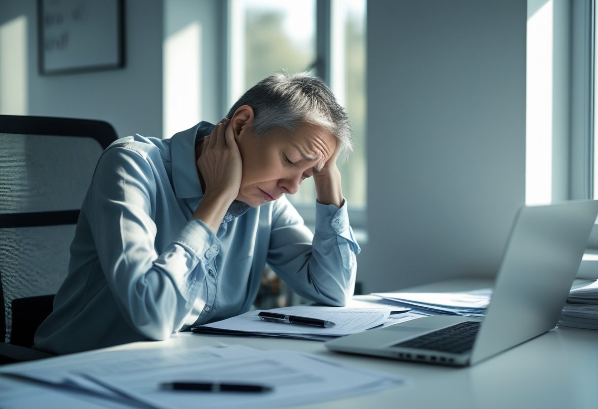A middle-aged person sitting alone at an office desk, looking tired and overwhelmed, with papers and a laptop in front of them.