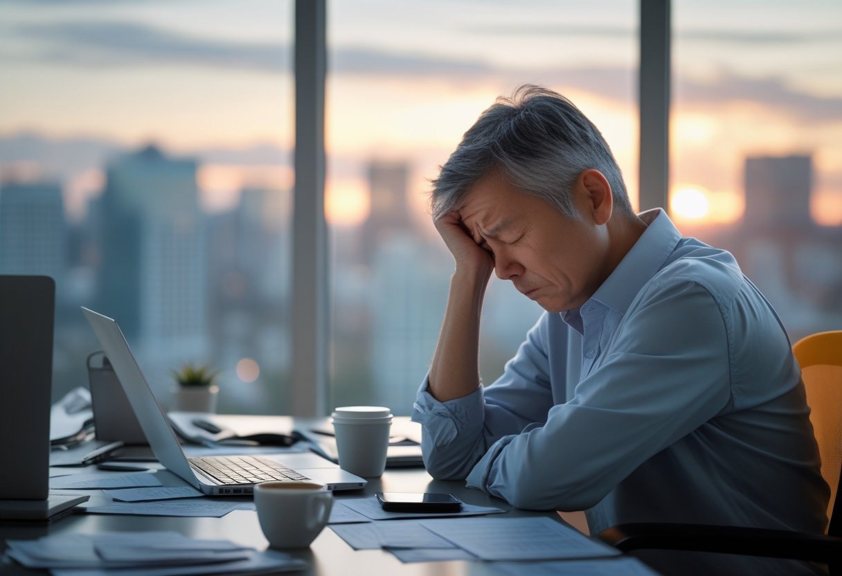 A middle-aged person sitting alone at a desk with their head resting on one hand, looking tired and contemplative in a softly lit office.