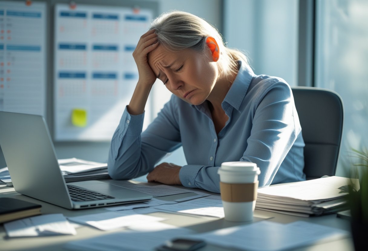 A tired person sitting at a cluttered desk, resting their head in one hand, looking overwhelmed in an office setting.