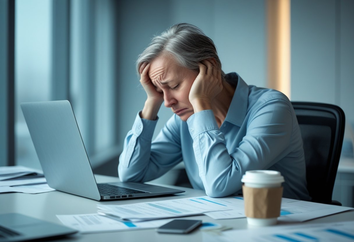 A middle-aged person sitting alone at a desk, looking exhausted and overwhelmed with their head resting in one hand.