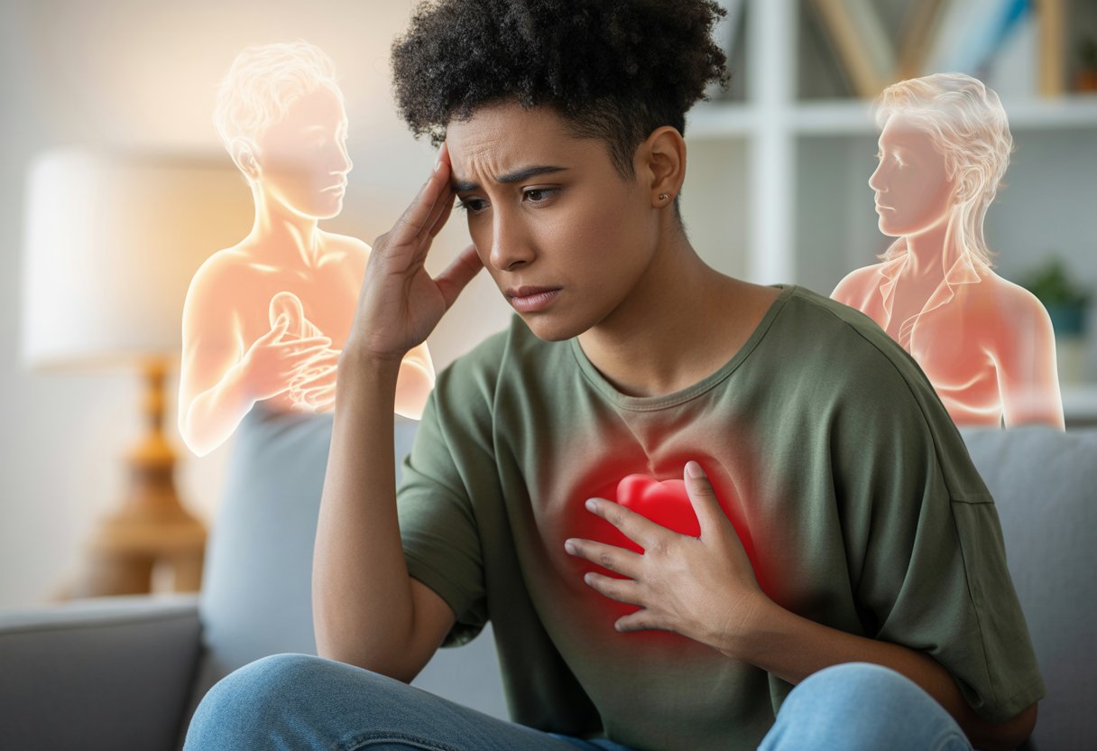 A young adult sitting indoors with a concerned expression, touching their chest and temple to show physical signs of anxiety.