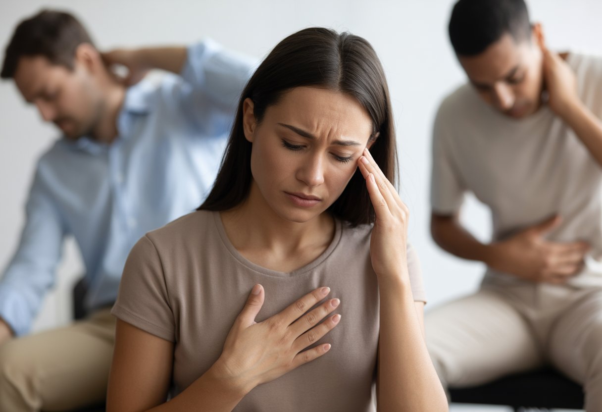 A young woman holding her chest and temple with a tense expression, with two blurred people in the background showing signs of discomfort.