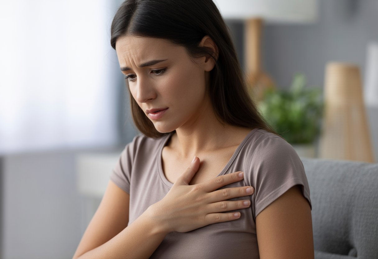 A young adult woman sitting indoors with a concerned expression, gently holding her chest.