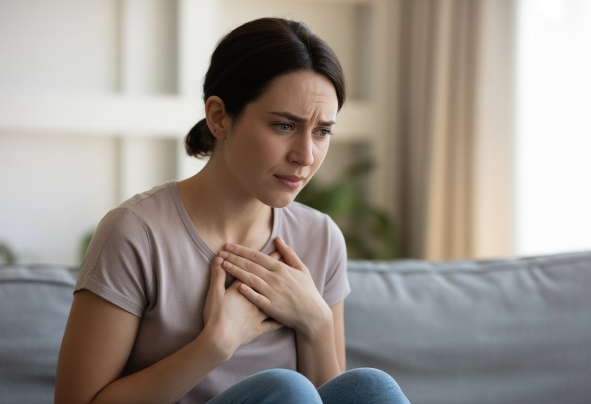 A young woman sitting indoors, gently holding her chest with a worried expression.